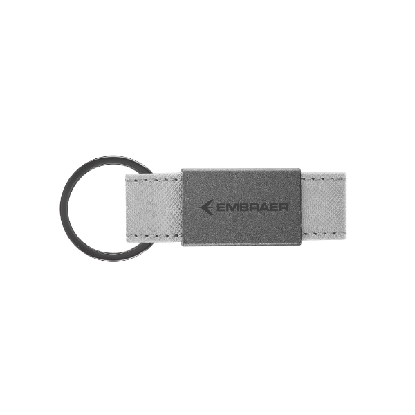 Embraer Paxton Leatherette Key Tag – Gray leatherette keychain with laser-engraved Embraer logo