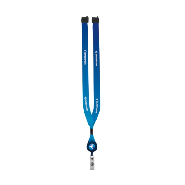 Embraer Lanyard – Blue dual-tone polyester ribbon with full-color logo and badge clip