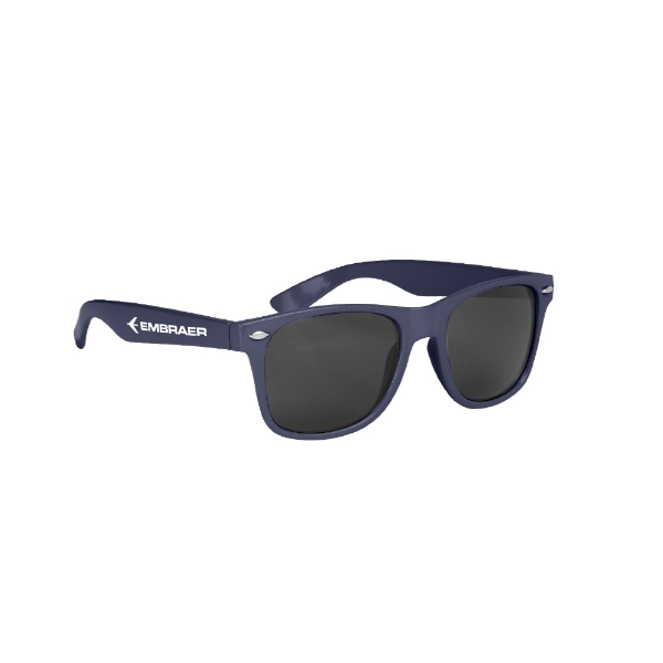 Embraer Malibu Sunglasses – Navy blue wayfarer-style frames with black lenses and white Embraer logo