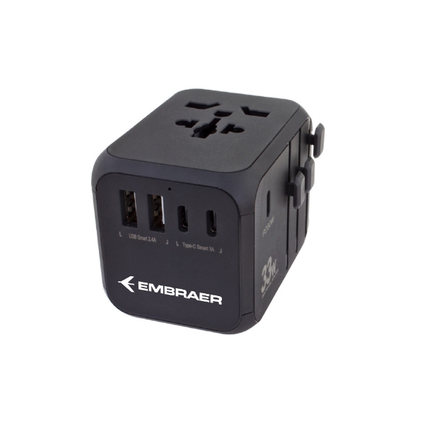 Embraer Universal 33W Travel Adapter – Compact black global charger with USB-A and Type-C ports