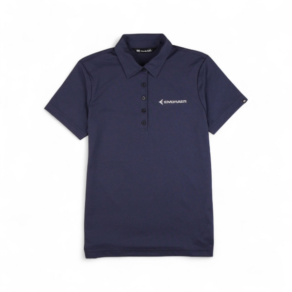 Front view of the Embraer Women’s Oceanside Polo in navy with white logo and five-button placket.