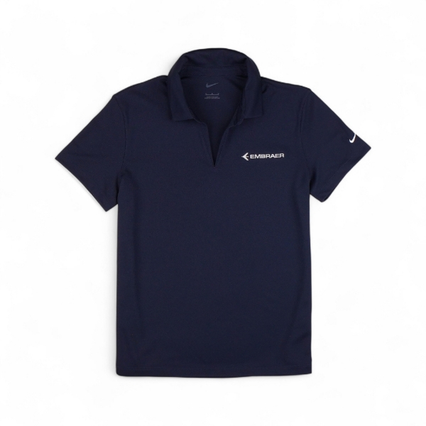 Front of Embraer Women’s Navy Dri-FIT Polo by Nike with embroidered logo and Nike swoosh