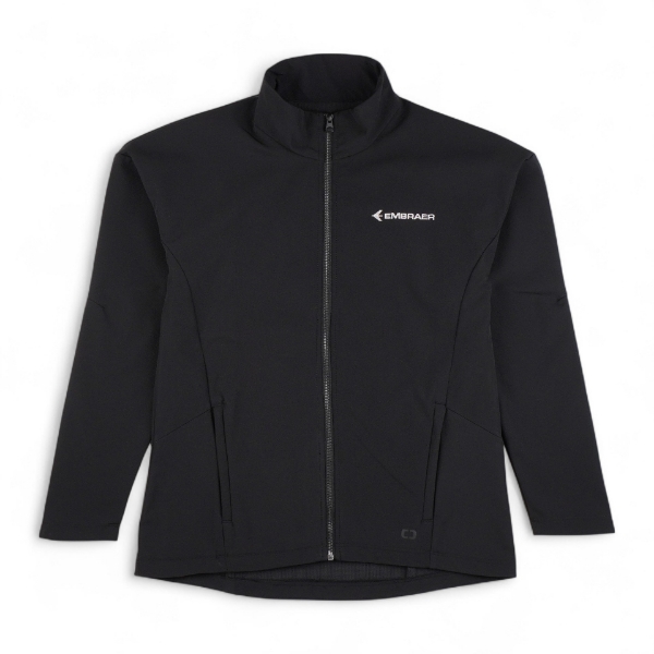 Black soft shell jacket with full zip and Embraer logo on the chest, tailored fit with zippered pockets