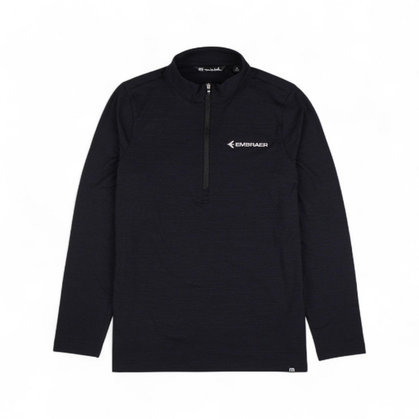 Heathered black quarter-zip women’s pullover with Embraer logo, long sleeves, and mock neck