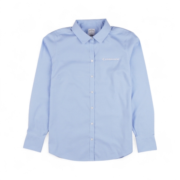 Light blue long-sleeve dress shirt with buttons and embroidered Embraer logo