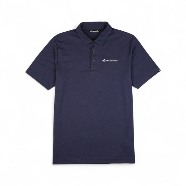 Men’s navy Oceanside polo with Embraer logo on chest and three-button placket