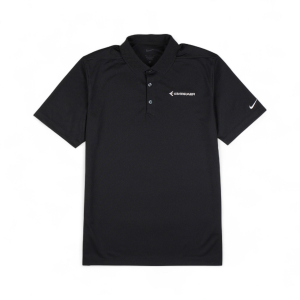 Front view of Embraer Black Dri-FIT Polo by Nike featuring the logo and Nike swoosh.