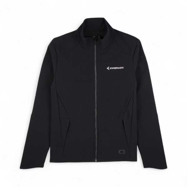 Front view of the Embraer Commuter Soft Shell Jacket in black with embroidered logo