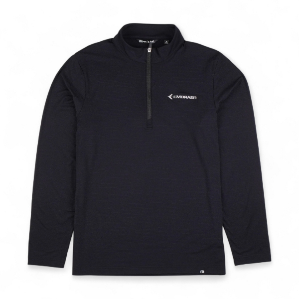 Front view of the Embraer Lightweight Quarter-Zip Pullover in black featuring embroidered Embraer logo on the left chest and zippered collar