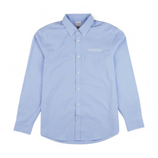 Front view of Embraer Pinpoint Stretch Dress Shirt in light blue with embroidered logo on chest pocket