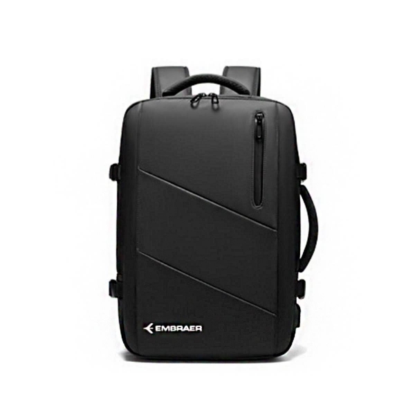 Sleek black Embraer Luke Case backpack shown from the front, featuring a top handle, diagonal panel design, vertical zip pocket, and Embraer logo.