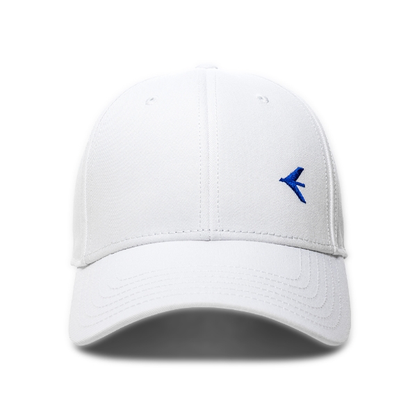 Front view of white Embraer baseball cap with blue embroidered logo and pre-curved visor.