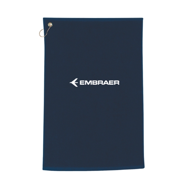 Embraer-branded navy golf towel with metal hook for easy attachment