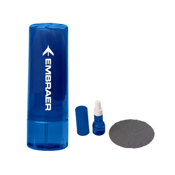 Embraer-branded blue cleaning spray kit with microfiber cloth and 1 oz bottle