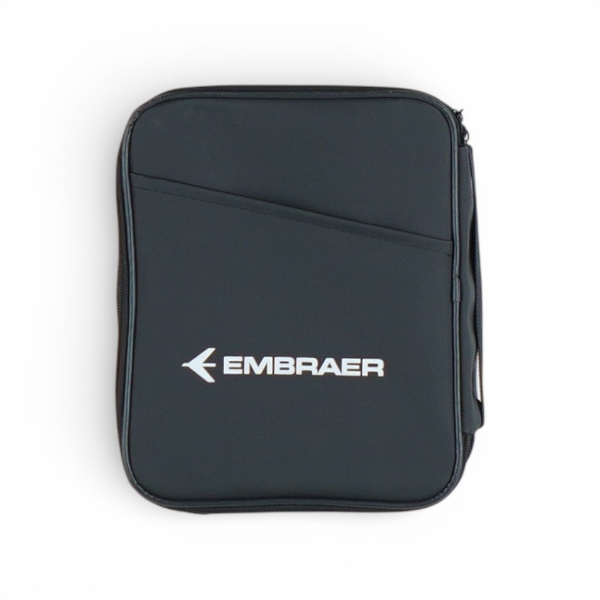 Front view of the Embraer Tech Organizer, a black zippered case with the Embraer logo printed in white.