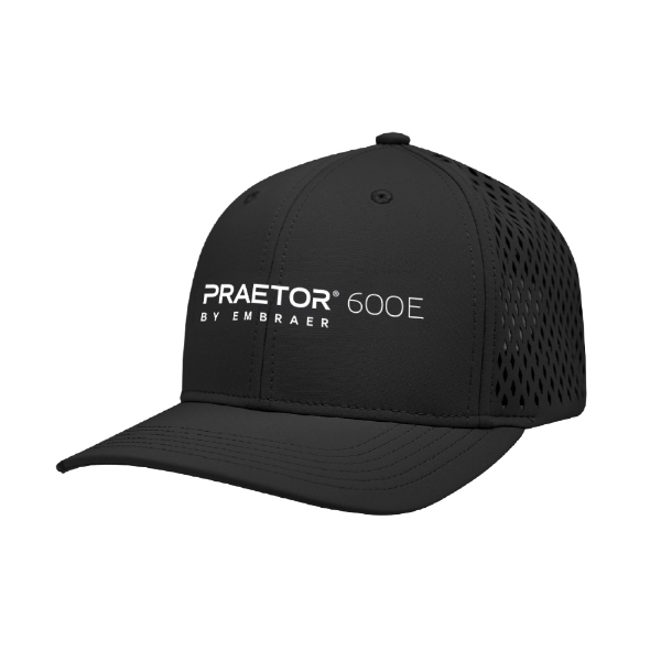 Black Embraer Praetor 600E performance cap with perforated sides and embroidered front logo