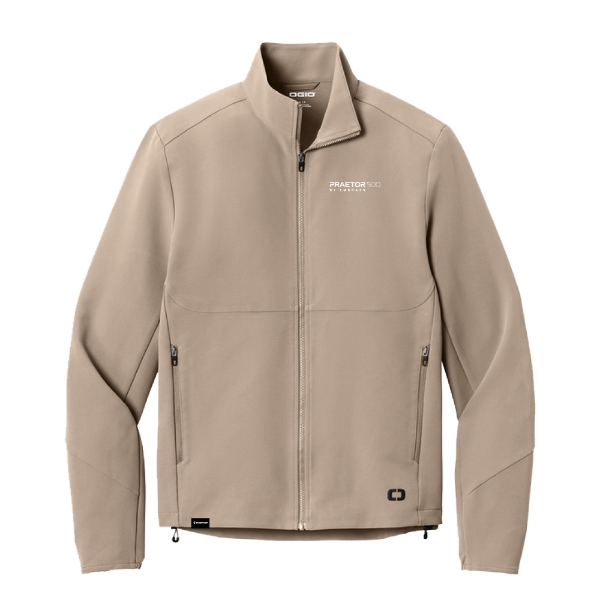 Stone‑colored Praetor 500 OGIO soft‑shell jacket with left‑chest logo and zippered pockets