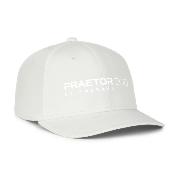 White Praetor 500 performance hat with front logo and curved visor