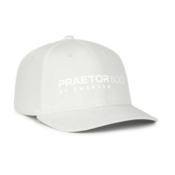 White Praetor 600 performance hat with front logo and curved visor