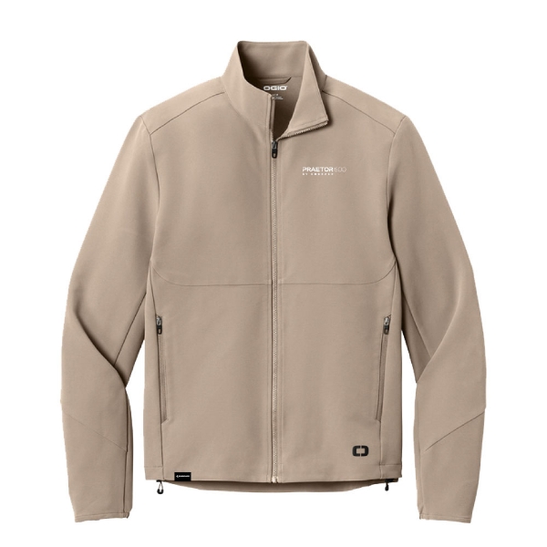 Stone‑colored Praetor 600 OGIO soft‑shell jacket with left‑chest logo and zippered pockets