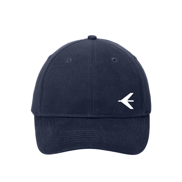 Navy Embraer dad cap with curved visor and embroidered front icon