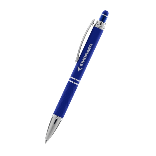 Blue Embraer Phoenix Softy stylus pen with rubberized grip, chrome accents, and touchscreen tip