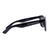Side view of black Malibu Sunglasses featuring a white Embraer logo on the temple.