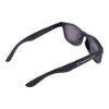 Angled view of black Malibu Sunglasses with dark lenses and white Embraer branding on the temple.