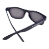 Rear angled view of black Malibu Sunglasses showing the dark lenses, crossed temple arms, and white Embraer logo.